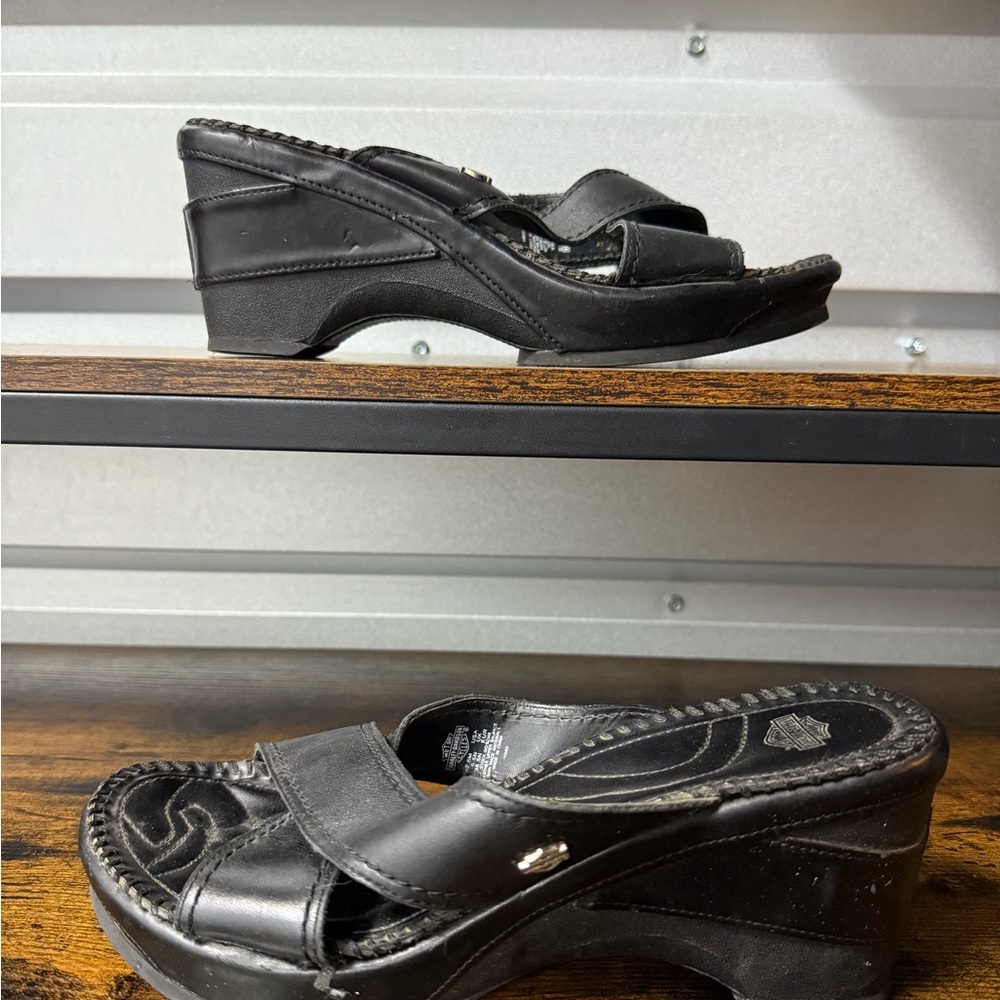 Harley-Davidson Womens Wedge Sandals US 7,5 M EUR 38,5 N Slip On Black Platform - Picture 1 of 9